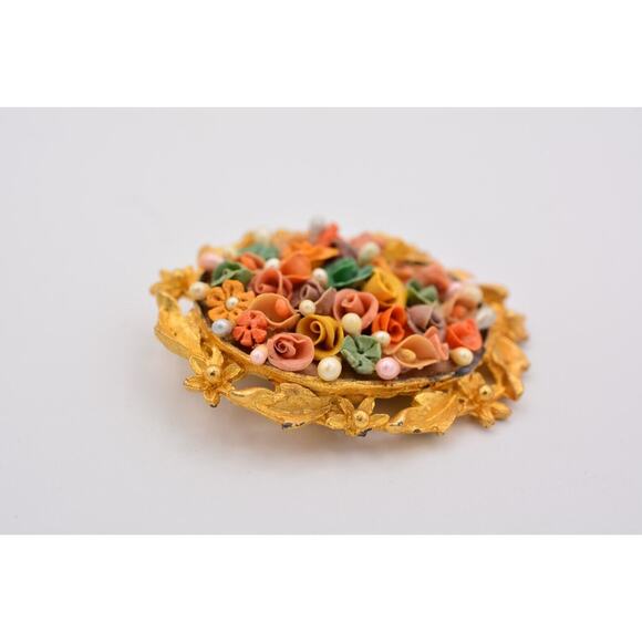 Vintage Oval Flower Pin Brooch Brushed Gold 3D Textured Petals Antique 60s BinB